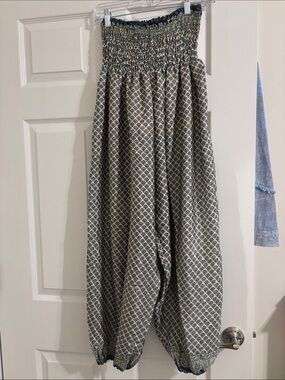 Smocked Waist Printed Harem Pants in Blue and Cream. Brown and rust